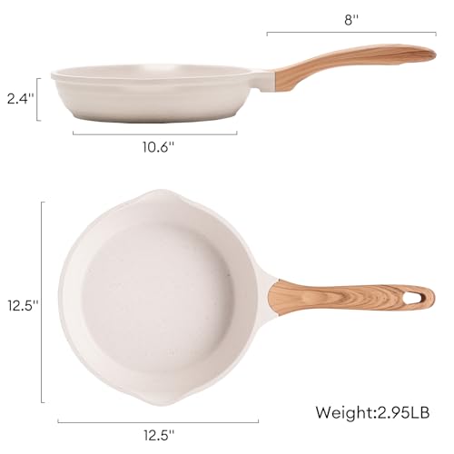 12.5 Inch Nonstick Frying Pan Skillet with Dual Spouts Cooking Pan (Beige / 12.5")