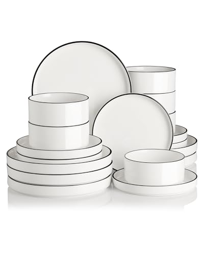 Sweejar Porcelain Dinnerware Sets for 6 (Pure White-Black Rim / Service for 6 (18pcs))