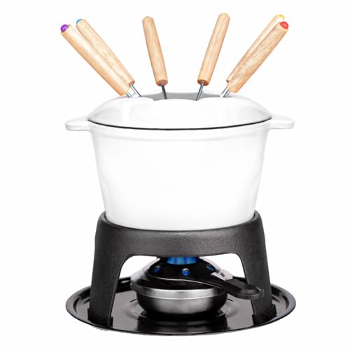 Cast Iron Fondue Pot Set White Enameled 1.6 Qt for Cheese (White)