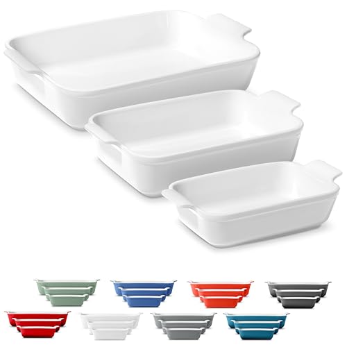 Stoneware Casserole Dish Bakeware Set of 3 (Glossy White)