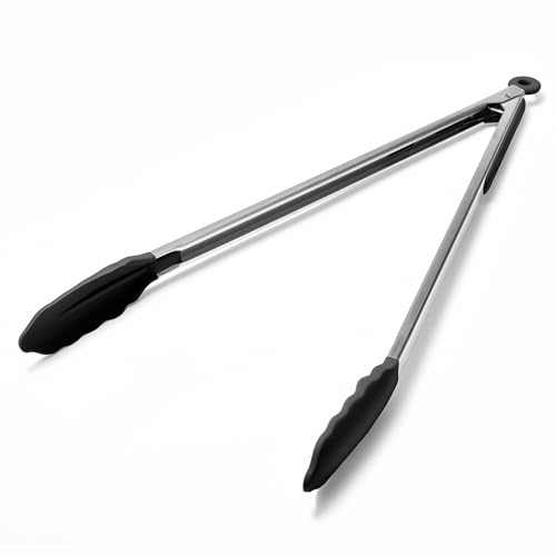 Kitchen Tongs with Silicone Tips for Cooking Serving (16in / Black)