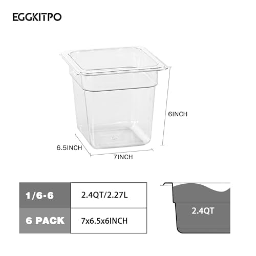 1 6 Size Food Containers 6 Pack 6 Inch Deep Pan Clear BPA free Polycarbonate Stackable Commercial Hotel Pan for Kitchen Business and Food Serving (1/6 Size / 6" Deep)