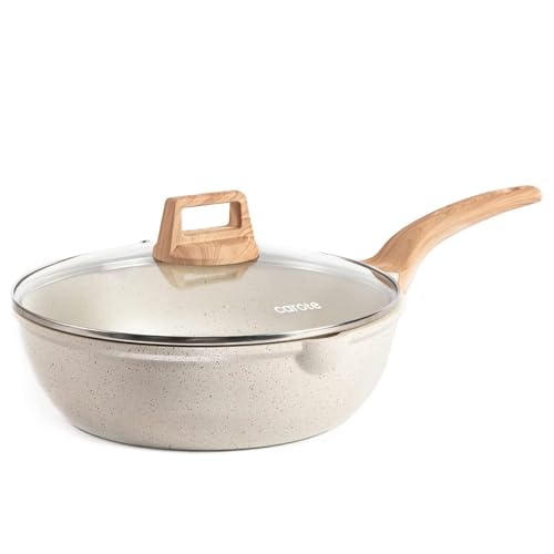 12 Inch Nonstick Deep Frying Pan with Lid (Cream White / 12")