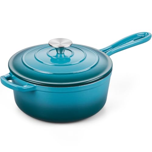 3QT Enameled Cast Iron Saucepan with Lid (Dark Cyan / 3 Quarts)
