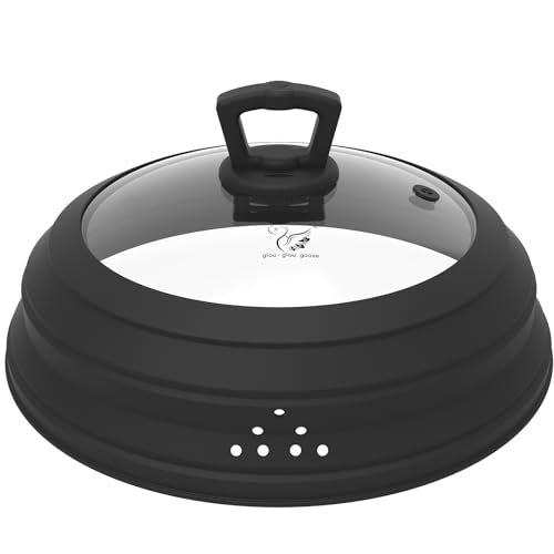 Tall Microwave Splatter Cover Glass Cover Guard Lid 7 inch Height with Collapsible Silicone for Food Pot Plate 12.5 inch Black (12.5 inch / Black (Taller style))