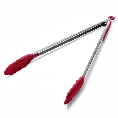 Kitchen Tongs with Silicone Tips for Cooking Serving (16in / Red)
