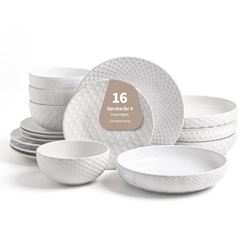16 Piece Ceramic Plates and Bowls Set (White-Mixed Embossment / Service for 4-16Pcs (Double Bowl))