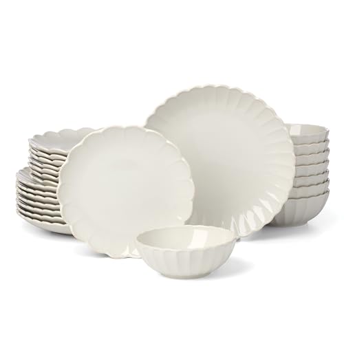 French Perle Scallop White Stoneware 24 (24-Piece Dinnerware Set / White)