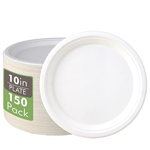 150 Pack Compostable Disposable Paper Plates 10.25 inch Super Strong Paper Plates 100% Bagasse Natural Biodegradable Eco (White / Contemporary)