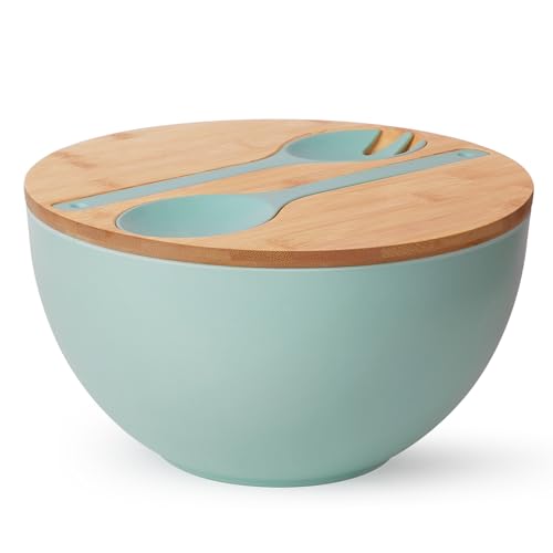 11.3" Extra Large Salad Bowl with Wooden Lid & Servers (11.3 inch / Turquoise)