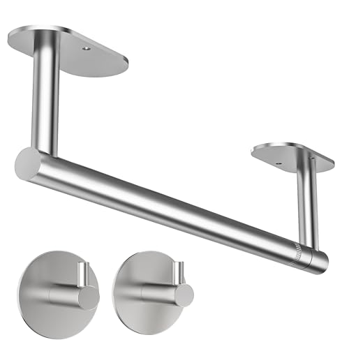Paper Towel Holder Under Cabinet with 2Hooks Self Adhesive Silver (Brushed Nickel / Holder with 2 Hooks)