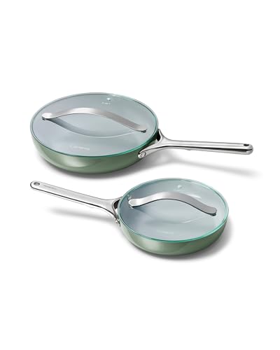 Ceramic Fry Pan Duo with Glass Lids (1x 10.5 IN & 1x 8 IN / Sage)