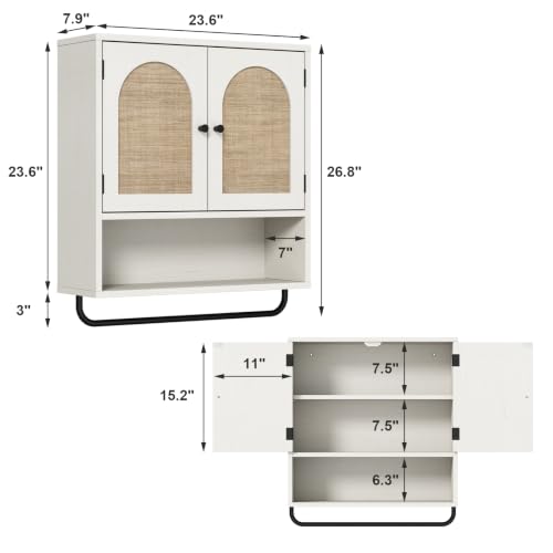Rattan Bathroom Wall Cabinet (Rustic White / 2 Doors)