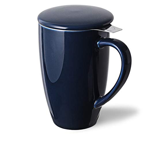 Sweejar Porcelain Tea Infuser Cup with Lid (Navy / Tea Cup(16 Fl Oz))