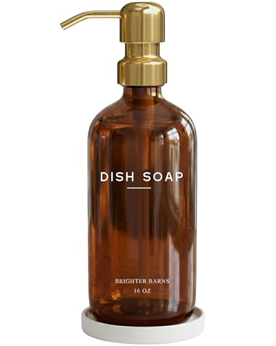 Luxury Glass Dish Soap Dispenser for Kitchen Sink by Brighter Barns (Amber Gold D)