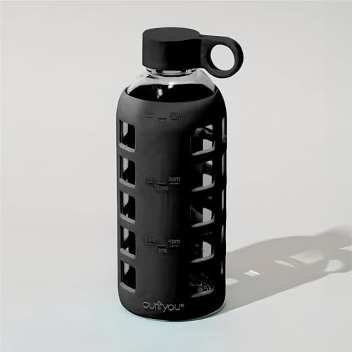40oz / 32oz / 22oz / 12oz Borosilicate Glass Water Bottle with Time & Volume Markers, Silicone Sleeve, Stainless Steel Lid | Reusable Glass Bottle for Water & Juice (22oz Jet Black) (Jet Black (1 Count) / 22 Ounces)