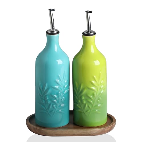 Sweejar Ceramic Olive Oil Dispenser Bottle (Gradient Blue Gradient Green / 20 oz, Set of 2)