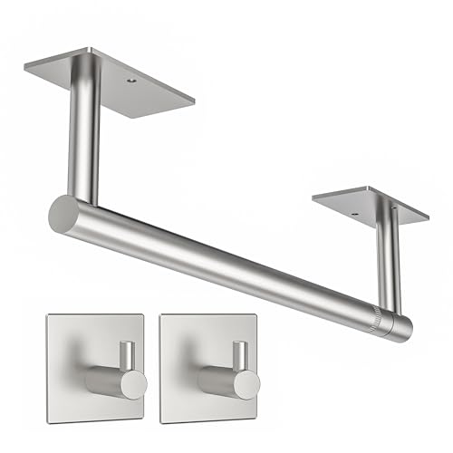 Paper Towel Holder Under Cabinet with 2Hooks Self Adhesive Silver