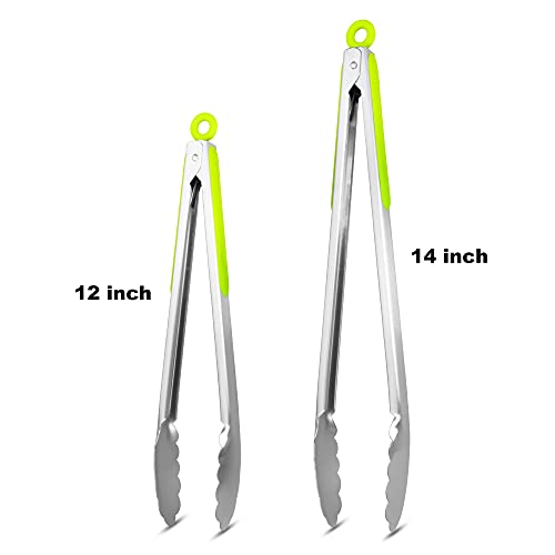 304 Stainless Steel Kitchen Cooking Tongs (12" & 14" / Green)