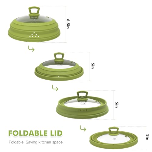 Microwave Splatter Cover Vented Glass Splatter Guard Lid with Collapsible Silicone for Food as Pot Cover 11.8 inch Large Plate for 6 7 8 9 10 11 inch Plate Bowl (Regular style 11.8 inch / Green)