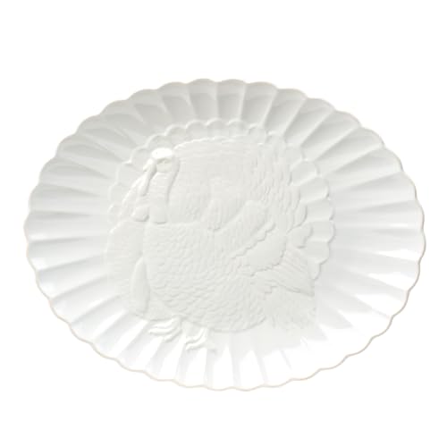 French Perle White 18in Large Serving Platter Carved Turkey Stoneware (Turkey Platter / White)
