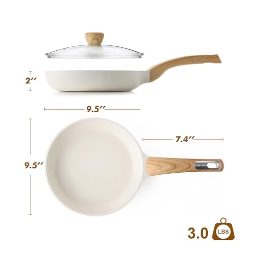 9.5inch Ceramic Nonstick Frying Pan Paella Pan with Lid (9.5 Inch / CREAM White)