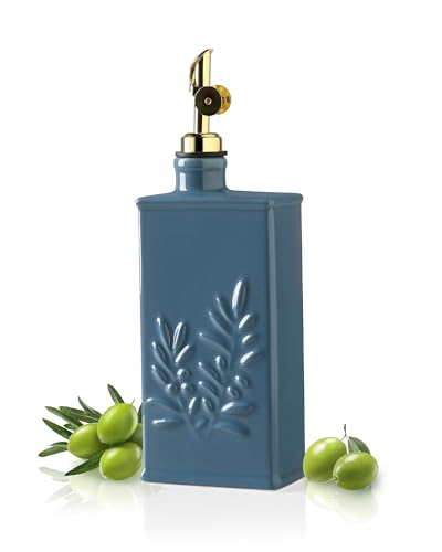 Sweejar Ceramic Olive Oil Dispenser Bottle for Kitchen (17 Oz(Gold Spout) / Fogblue)