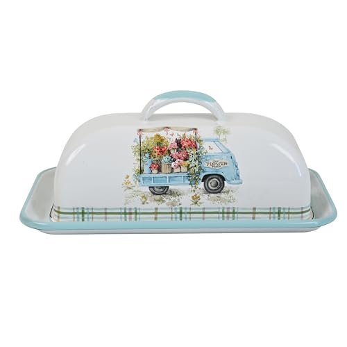 Enamel Butter Dish with Lid Vintage Enamelware Butter Keeper with Flower and Bird Patterns Farmhouse Butter Container Butter holder for Countertop Kitchen Decor (Lightblue)