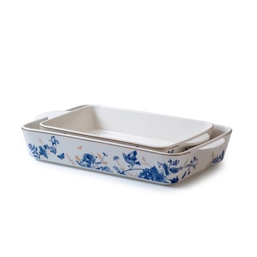 Baking Pans Set of 2 Blue flower 14 inch Ceramic for Oven Large Casserole Baking Dish Set with Handles Porcelain Bakeware Sets Casserole Dish for Oven