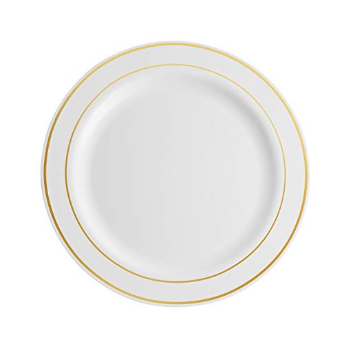 100 Piece Plastic Party Plates White Gold Rim (White / Gold Rim)