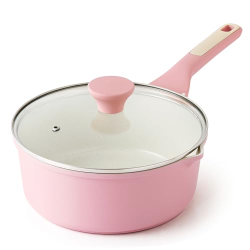 Ceramic Nonstick Saucepan with Double Pouring Spout (Sakura Pink / 3 Quarts)