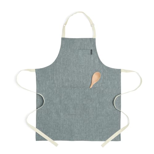 100% Pure Linen Apron (Stem Green / Ivory / 32 X 27 Inch)