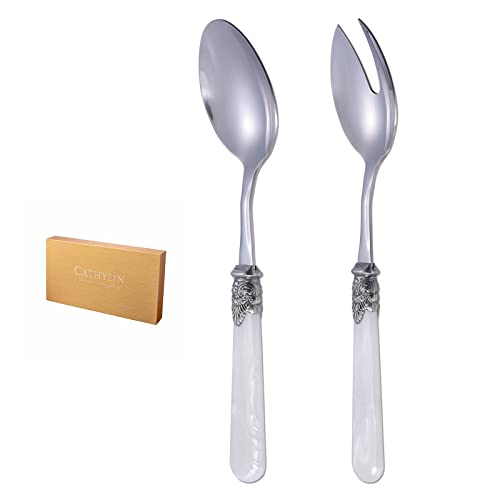 2 piece Salad Servers Stainless Steel Salad Serving Set Salad Fork and Spoon (White)