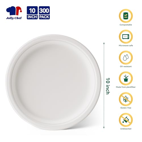 Compostable Heavy Duty Plates 𝟭𝟬 𝗜𝗻𝗰𝗵 [𝟯𝟬𝟬 𝗣𝗮𝗰𝗸] Eco (300 Count (Pack of 1) / White)