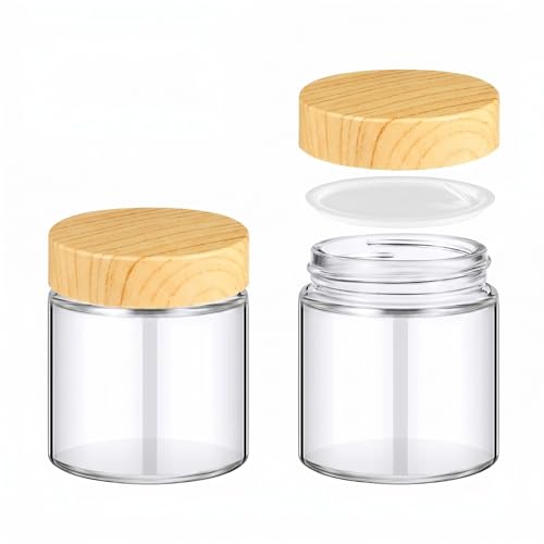 2 Pcs Glass Jars with Lids (Elegant Natural Wood Grain / 4 oz)