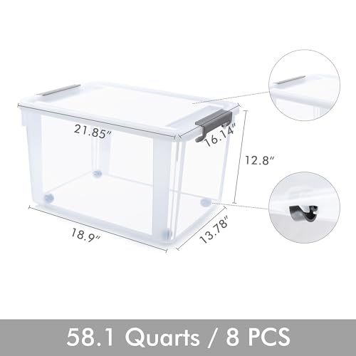 8 Pack 58.1 QT Clear Plastic Storage Bins with Latching Lids (Clear White / 8 PCS-58.1 QT)