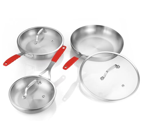 Tri Ply Stainless Steel Frying Pan Set 8" 10" 12" With Lid skillets (Silver)
