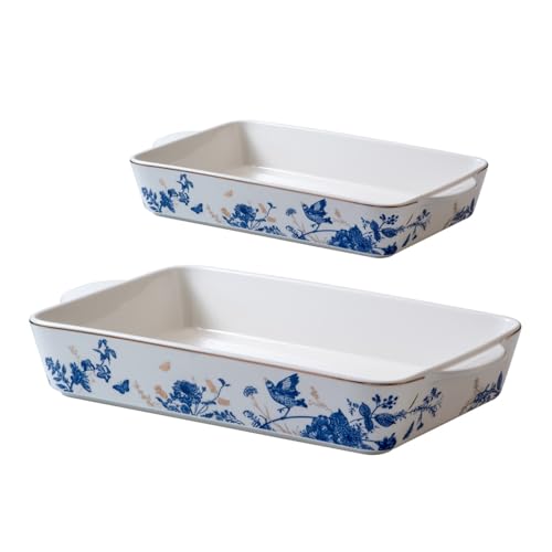 Baking Pans Set of 2 Blue flower 14 inch Ceramic for Oven Large Casserole Baking Dish Set with Handles Porcelain Bakeware Sets Casserole Dish for Oven