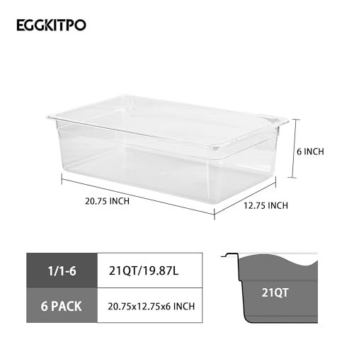 EGGKITP Full Size Clear Food Pans 6 pack 6 Inch Deep Pan Stackable Polycarbonate Food Pan for Restaurant Use BPA free freezer (1/1 Size / 6" Deep)