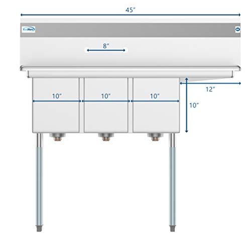 3 Compartment Stainless Steel NSF Commercial Kitchen Sink with Drainboard (Right Drainboard)