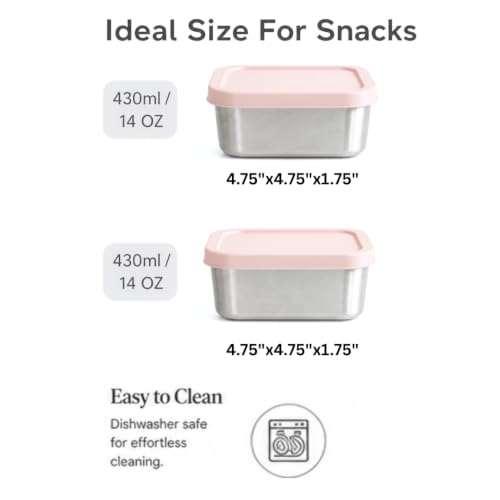 Flexibento Leak proof Stainless Steel Snack Containers with Silicone Lids (B-Pink Set of Two Snack Containers: 2*14 OZ)