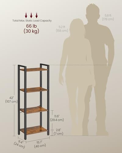 4 Tier Bookshelf (Rustic Brown + Ink Black / 4 Tiers (9.4"D x 15.7"W x 42"H))