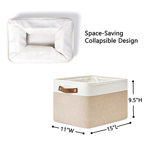 Fabric Storage Bins for Laundry (White&Khaki / L-15"x11"x9.5")