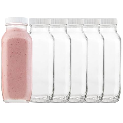 16oz Square Glass Milk Bottles with Lids Reusable Glass Bottles for Milk (16oz / 6 Pack)
