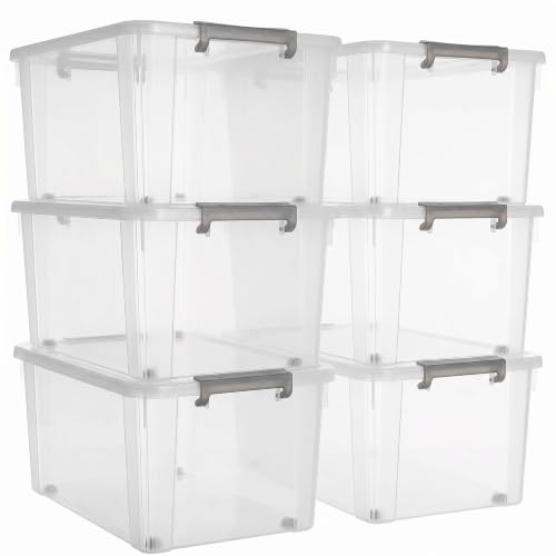 6 Packs 58.1 QT Plastic Storage Bins with Lids Large Stackable Storage Containers for Organizing Clear Storage Box for Garage (6 Packs-58.1 QT / Clear White)
