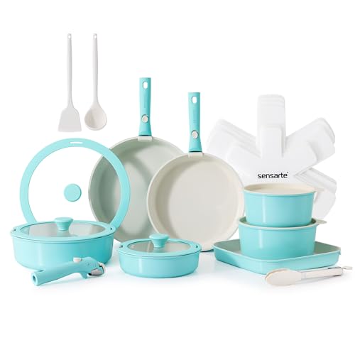 24 Piece Ceramic Detachable Handle Pots and Pans Set Turquoise (Turquoise / 24 Piece)