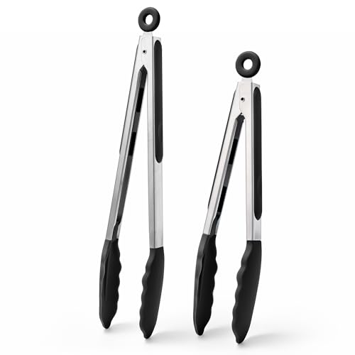 Kitchen Tongs with Silicone Tips for Cooking Serving (Set of 2 (9+12in) / Black)