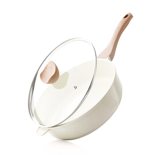 Nonstick Ceramic Deep Frying Pan Skillet with Lid (Cream Ceramic / 11 Inch)