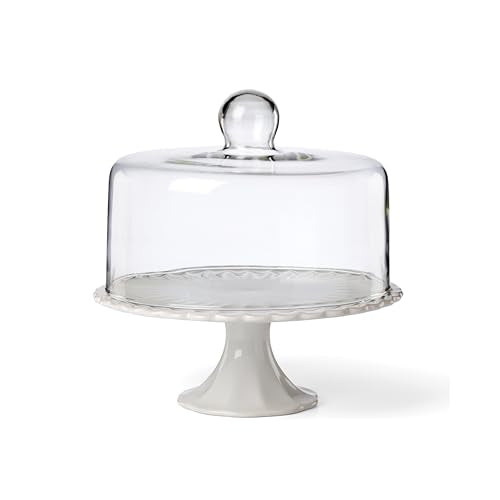 French Perle White Stoneware Cake Stand with Dome (Cake Plate / White)