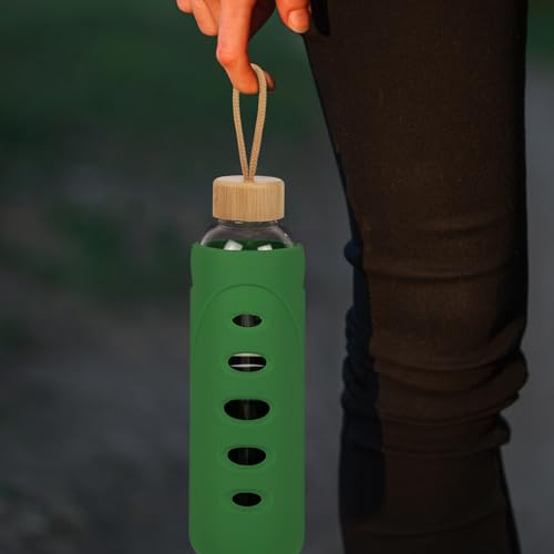 32 oz Narrow Mouth Glass Water Bottle with Windowed Silicone Sleeve (Dark Green)